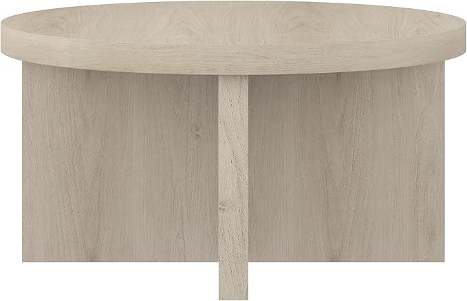 Henn&Hart 33" Round Wood Pedestal Low-Profile Coffee Table for Living Room, Family Room, Office or Apartment, Alder White