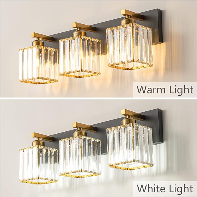 Modern Bathroom Vanity Light 3-Lights Black Gold Crystal Bathroom Wall Light Vanity Light Fixtures,20.47-inch Modern Minimalist Design