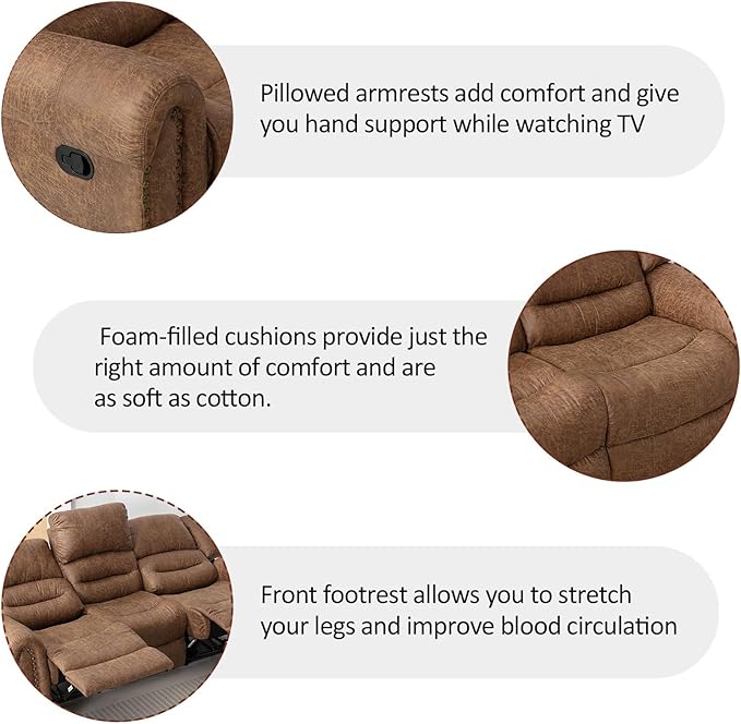 CANMOV Faux Leather Manual Loveseat Recliner, 2 Seat Reclining Chair, Overstuffed Comfortable Arms and Back Recliner Chair, Couch Set for Living Room, Bedroom Furniture, Office,Nut Brown