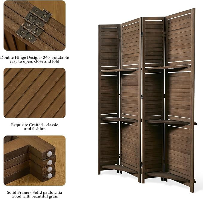 Partition Room Dividers, 67 * 51inch Folding Wood Privacy Screen with Three Display Shelves Suitable for Home Office, Study, Art Display - 4 Panel (Brown)