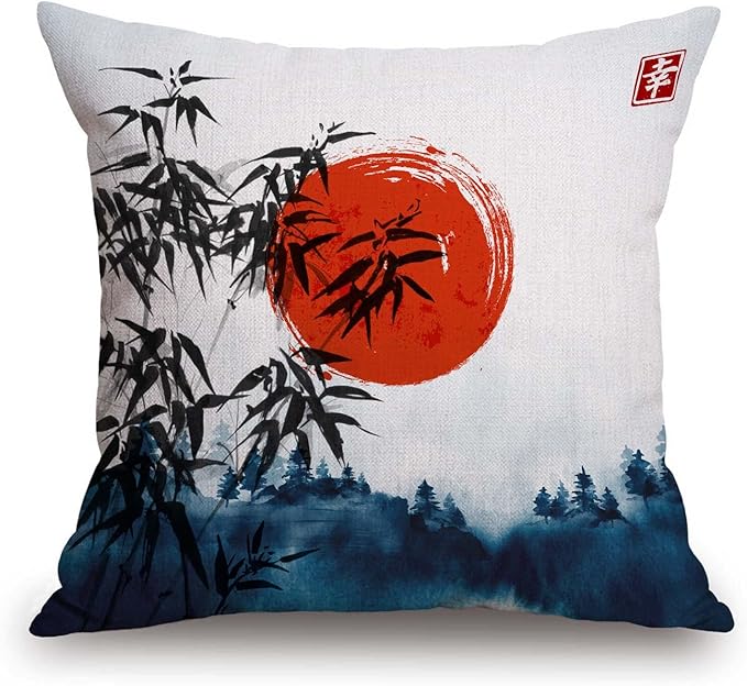 TSSOHU Throw Pillow Cover Japanese Bamboo Pillow case Asian Ink Painting Black Tree Stems Red Sun Mountains Decorative Pillow Case Funny Home Decor Square 18 x 18 Inch Cushion Pillowcase