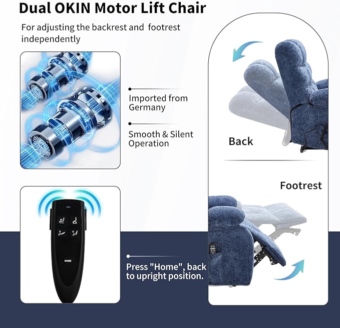 Lay Flat Recliner with Vibration Massage and Lumbar Heating, 26'' Wide Recliner Chair with Infinite Position and 2 Remote Controls, Soft Chenille Lift Recliner for Living Room, Blue