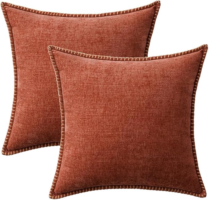 MIULEE Pack of 2 Fall Couch Throw Pillow Covers 16x16 Inch Burnt Orange Farmhouse Decorative Pillow Covers with Stitched Edge Soft Chenille Solid Dyed Pillow Covers for Sofa Bed Living Room