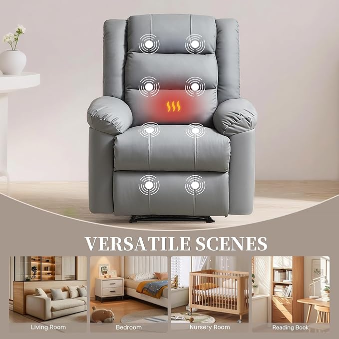 Recliner Chair with Massage & Heat, 8 Vibration Points, 5 Modes, 115-165° Reclining, Manual Recliner for Adults, Timer & Intensity Control, Faux Leather Massage Chair with Side Pocket for Living Room