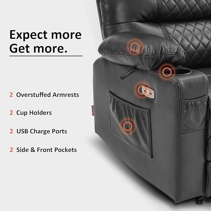 MCombo Zero Gravity Power Recliner Chair with Heat and Vibration Massage, Reclining Chair with USB Ports, Cup Holders for Living Room, Faux Leather PR621 (Grey)