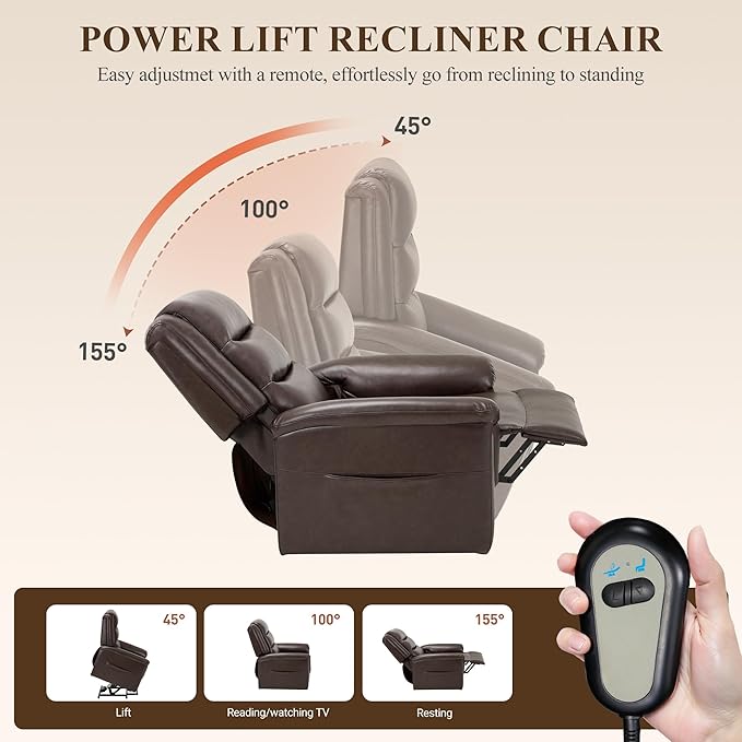 COLAMY PU Leather Electric Power Lift Chair,Lift Recliner Chair with Thick Cushioned Padding Backrest for Living Room, Office, Bedroom (Darkbrown)