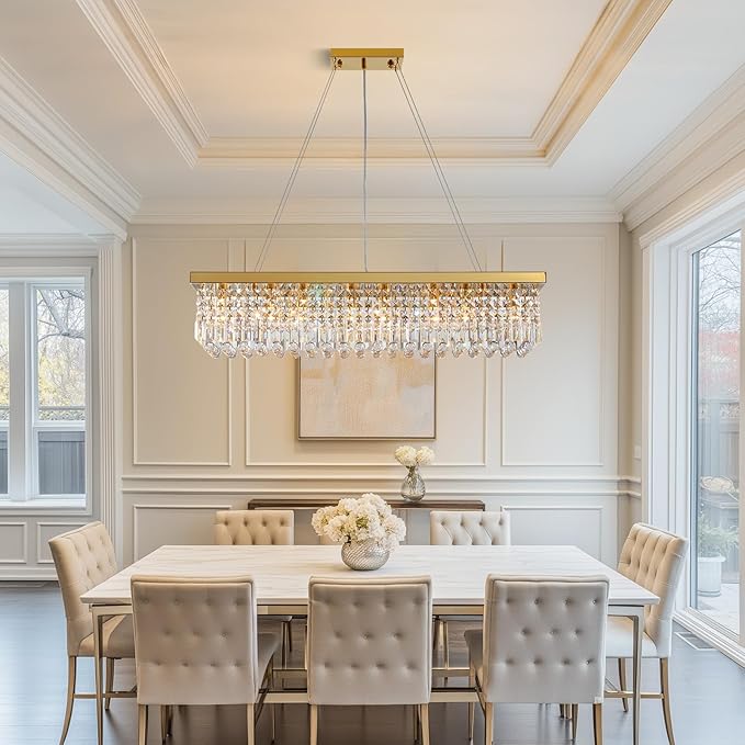 Modern Crystal Chandelier for Dining Room,Gold Luxury Crystal Chandelier,8 Lights Rectangular Rectangle Light Fixture for Living Room Kitchen Island L40''xW10''xH10''