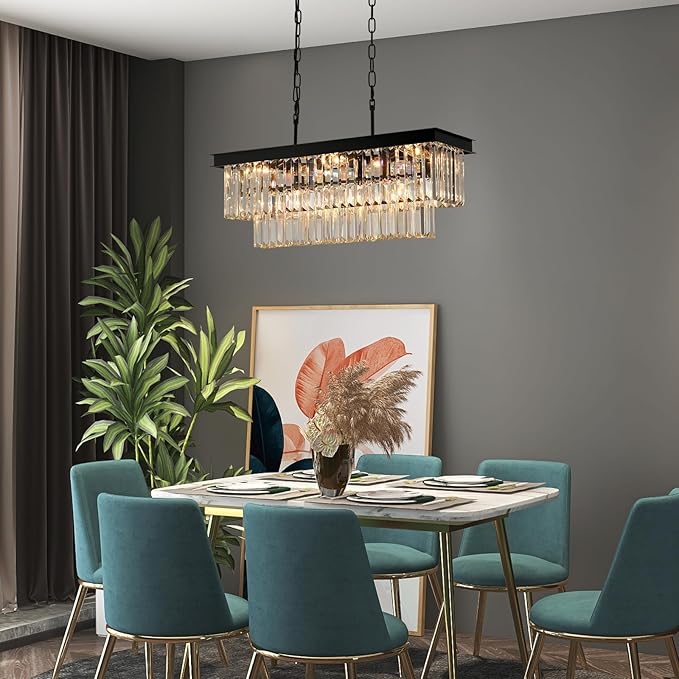 Black Crystal Chandeliers for Dining Room Light Fixtures Over Table,9-Lights Modern Rectangle Chandeliers for Kitchen Island Bar L28 Inch