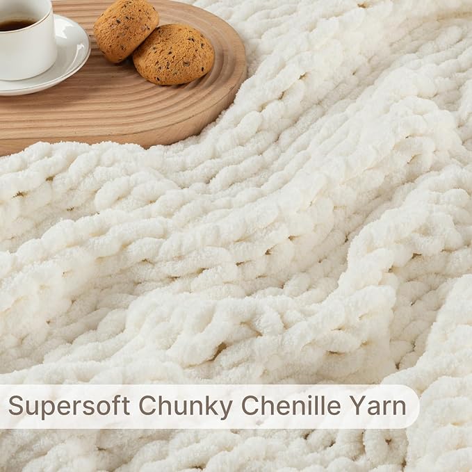 Chunky Knit Blanket Throw, 100% Hand Knit Throw Blanket Handmade Chenille Cable Knit Throw for Couch, Stylish Cozy Soft Rope Knot Crochet Blanket for Home Decor, Ivory, 50x60 Inches