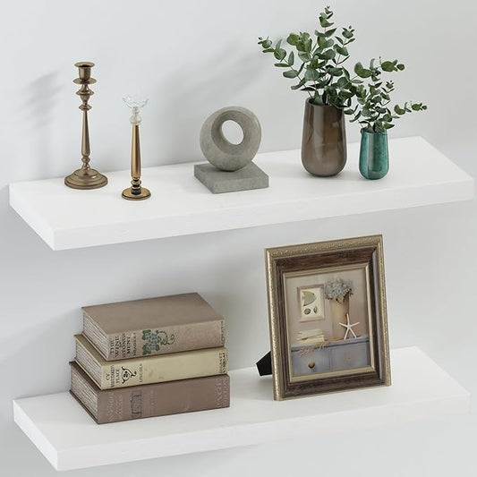 SAUMONIERES Floating Shelves 8 Inch Deep Solid Wood Wide Wall Shelf Set of 2 Wall Mounted for Bedroom Bathroom Living Room Kitchen, 24 Inch White