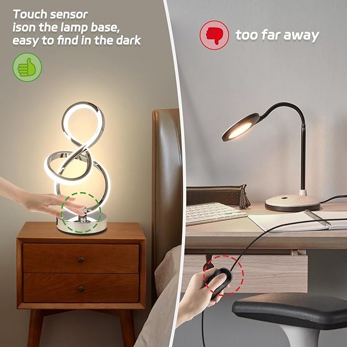 Modern Table Lamp, LED Bedside lamp with USB C+A Ports, Touch Stepless Dimmable Nightstand lamp, Unique Spiral Table lamp for Bedroom Living Room Home Office, LED Spiral lamp, Silver