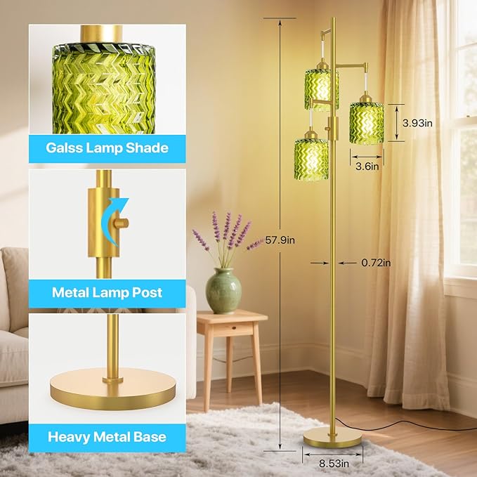 Gold Floor Lamp for Living Room, Vintage 3-Light Green Glass Standing Lamp, Brass Base Mid Century Modern, Retro Tree Design Tall Floor Lamps