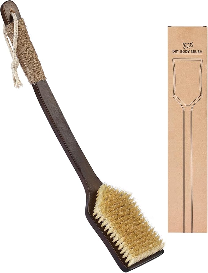 Back Scrubber Shower Brush,Dry Brushing Body Brush with 17.7 Inch Curved Long Handle, Natural Bristles for Lymphatic Drainage, Soft & Stiff Bristles Available (Soft-Fine Boar Bristles)