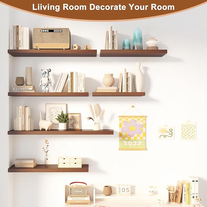 48 Inch Floating Shelf 2 Pack Large Floating Shelves for Wall No Drilling Accessories Included Deep Wall Shelves for Living Room Kitchen Farmhouse 48" W x 12" D x 1.2" Walnut