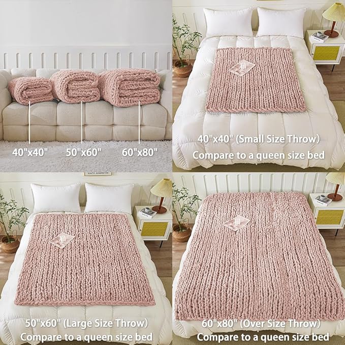 WESHIONGOO Chunky Knit Blanket Throw 40"×40" Knitted Throw Blankets for Couch Bed Fluffy Soft Blanket with Jumbo Chenille Yarn Thick 100% Handmade(Pink)