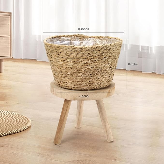 Athaliah Plant Basket Set of 3, Indoor Woven Planter Baskets with Plastic Liner, Water Hyacinth and Corn Husk Decorative Pots for Rustic Home & Floor Plant Decor (Natural Color-3)