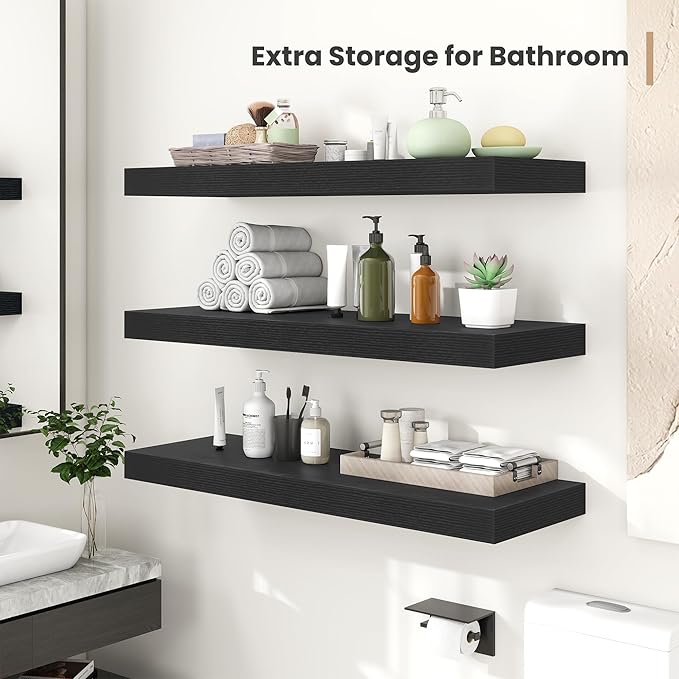Heimlove 12" Deep Floating Shelves, 36 x 12 Inch Wall Mounted Long Floating Shelf with Invisible Brackets, for Home Decor, Bedroom, Kitchen, Living Room, Bathroom - 2 Pack, Black
