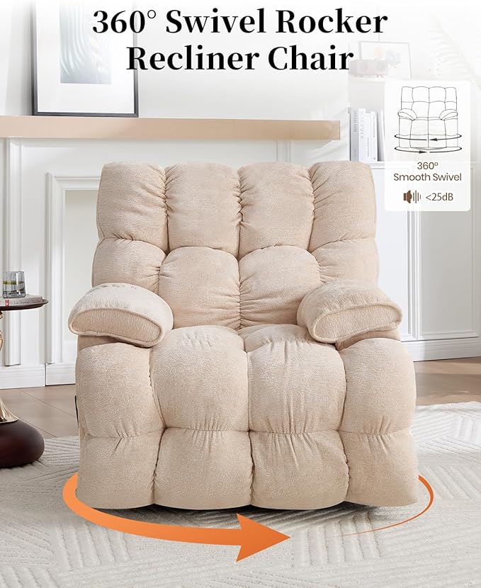 Oversized Recliner Chair Manual Swivel Rocker Recliner for Living Room Chenille Overstuffed Nursery Reclining Sofa Chair Rocking Recliners for Adults 400lbs (Manual, Beige)