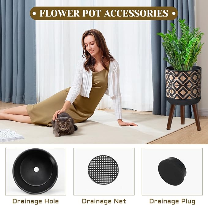 Flower Pot with Legs Tall Flower Pot with Drainage Holes for Indoor and Outdoor Decorative Planting (Black Gold, 12 Inches)