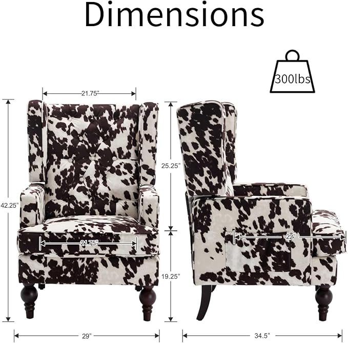 Mid-Century Accent Chair, Upholstered Arm Chair Linen Fabric Side Chair with High Back Solid Wooden Legs, Comfy Reading Chair for Living Room Bedroom, Milk Cow