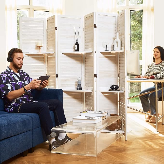Partition Room Dividers, Folding Wood Privacy Screen with Three Display Shelves Suitable for Home Office, Study, Art Display - 6 Panel, 67 * 77inch (White)