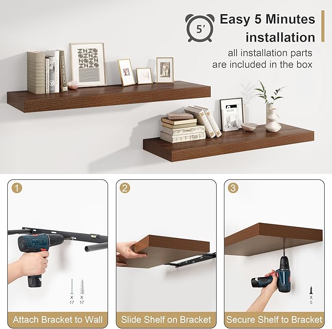 12" Deep Walnut Floating Shelves,Over Toilet Long Wall Mounted Modern Farmhouse 36 inches,Wall Shelves with Invisible Brackets for Bedroom, Bathroom, Living Room, Kitchen, Set of 1