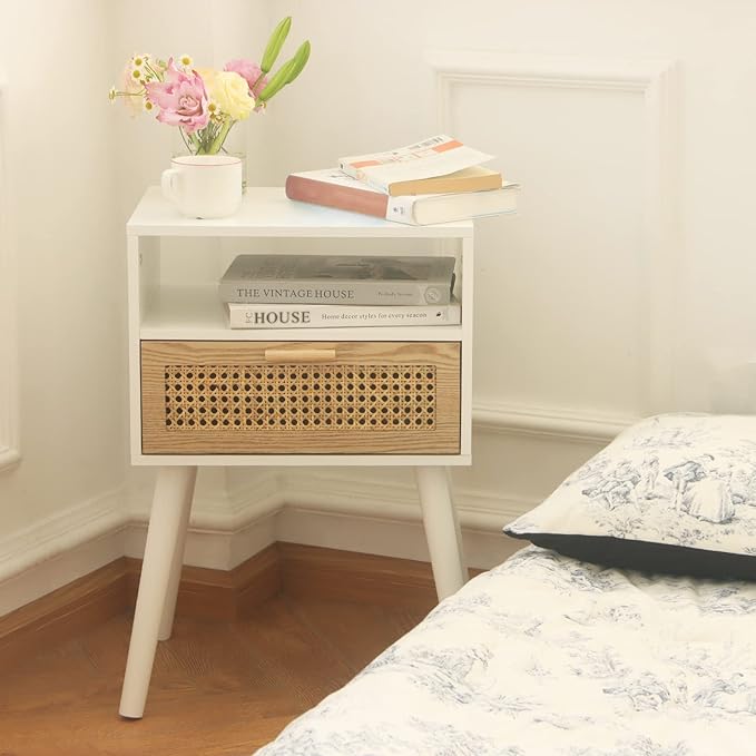 MaxSmeo Nightstand with Charging Station, Bedside Tables with Rattan Drawer, Mid Century Modern Nightstand, End Table for Living Room, Bedroom and Small Spaces, Easy Assembly (White)