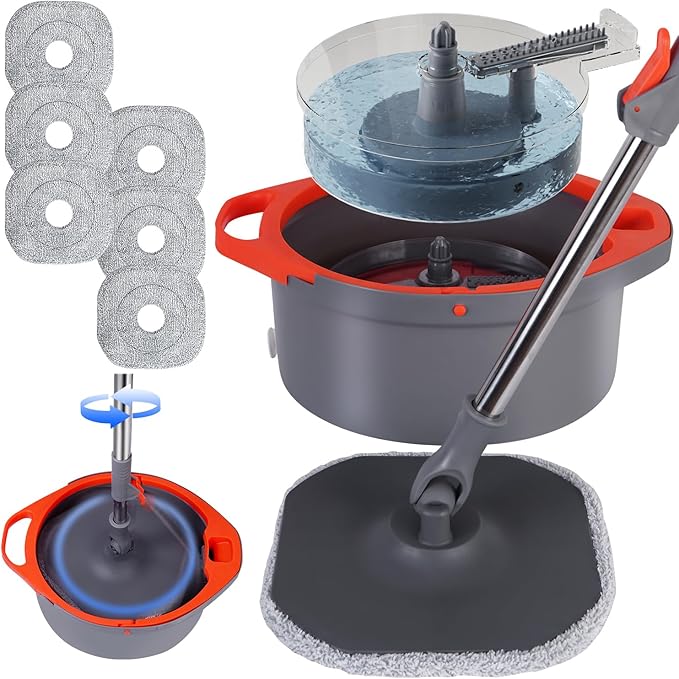 Spin Mop and Bucket with Separate Dirty and Clean Water,360° Spin Mop and Bucket System with Widening Foldable Handle,6 Replaceable Mop Pads,Square Mop for Floor Hardwood Tile Marble Wall Cleaning