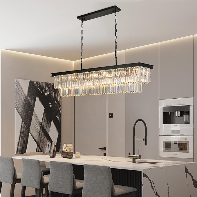 Crystal Chandeliers for Dining Room Light Fixtures Over Table,18-Lights Black Modern Rectangle Chandeliers for Kitchen Island Bar L46 Inch