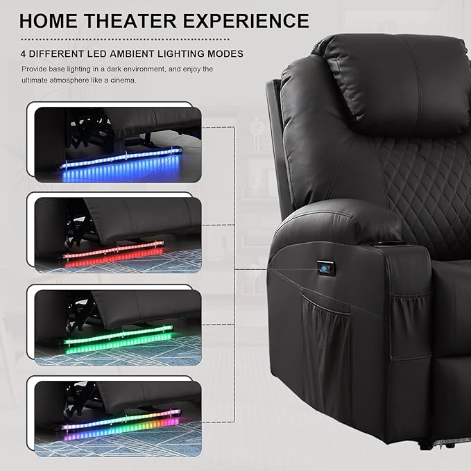 Power Recliner Chair with Heat and Massage, PU Leather Home Theater Seating with LED Lights/Cup Holders/Side Pocket/USB Port, Reclining Sofa Chair for Living Room (3, Black)