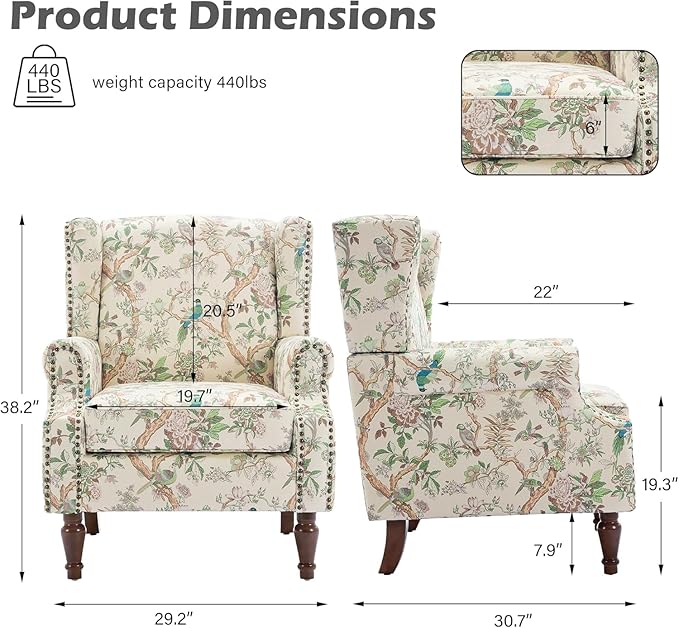 UIXE High Back Floral Accent Chair, Upholstered Armchair in Fabric for Living Room, Retro Printed Wingback Arm Chair Comfy Single Sofa Bedroom Reading Seat with Solid Wood Legs - Bird Pattern