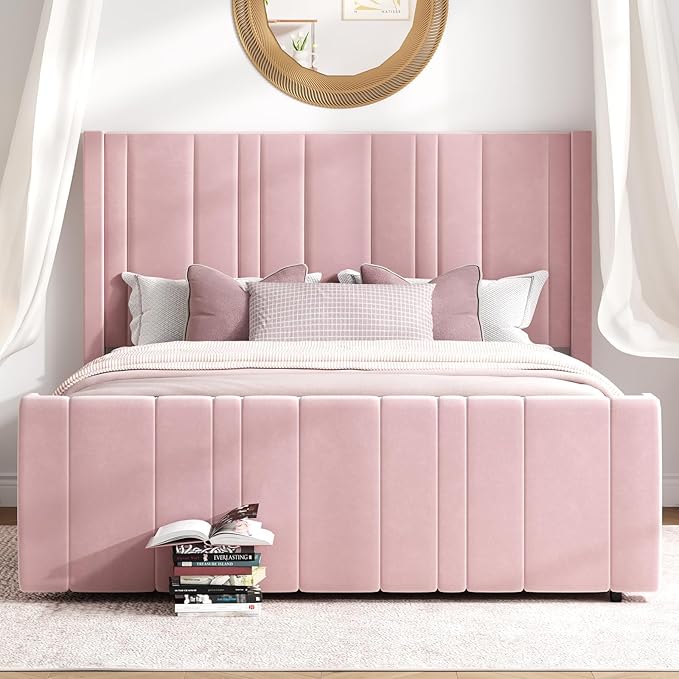 HOMBCK Queen Bed Frame Pink Upholstered Bed with Vertical Channel Tufted Headboard & 22" Footboard, Noise Free/Wooden Slats/Noise Free/No Box Spring Needed/Easy Assembly