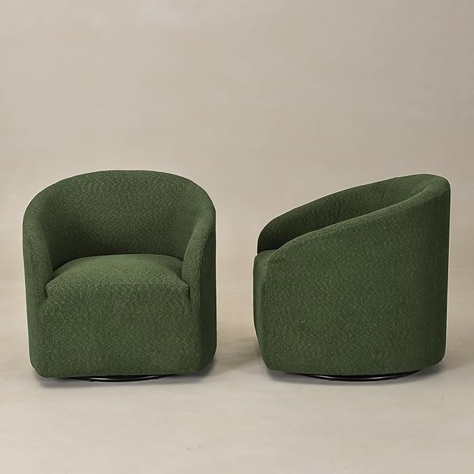 KINWELL 32" Wide Modern Boucle Swivel Barrel Chairs Set of 2, No Assembly Round Upholstered Swivel Accent Armchairs for Living Room, Bedroom (Green)