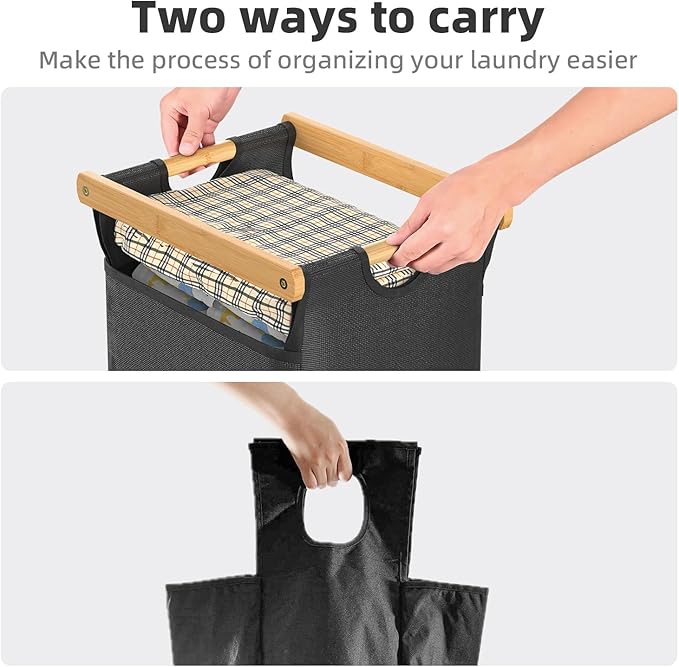 Laundry Hampers 3 Section, Laundry Sorter with Removable Shelf and Pull-Out Bags, Clothes Hampers with Wheels Rolling Cart Basket for Laundry Room Bathroom, 3 x 40 L (Black White Gray)