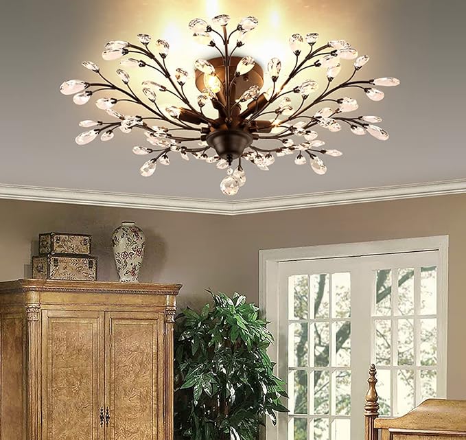 Ganeed Crystal Ceiling Light,Vintage Chandelier, Modern Elegant K9 Crystal Glass Chandelier Flush Mount Ceiling Lighting Fixture for Living Room Bedroom Restaurant Porch- Matte Black - 5 Lights