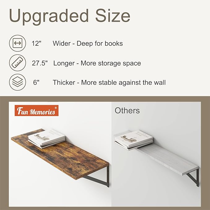 Fun Memories 27.5" W x12 D Floating Shelves, Large Wall Shelves 27.5 Inch Long, Set of 2, Farmhouse Wood Floating Shelf Wall Mounted, Deep Shelves for Bathroom, Living Room, Kitchen, Rustic Brown