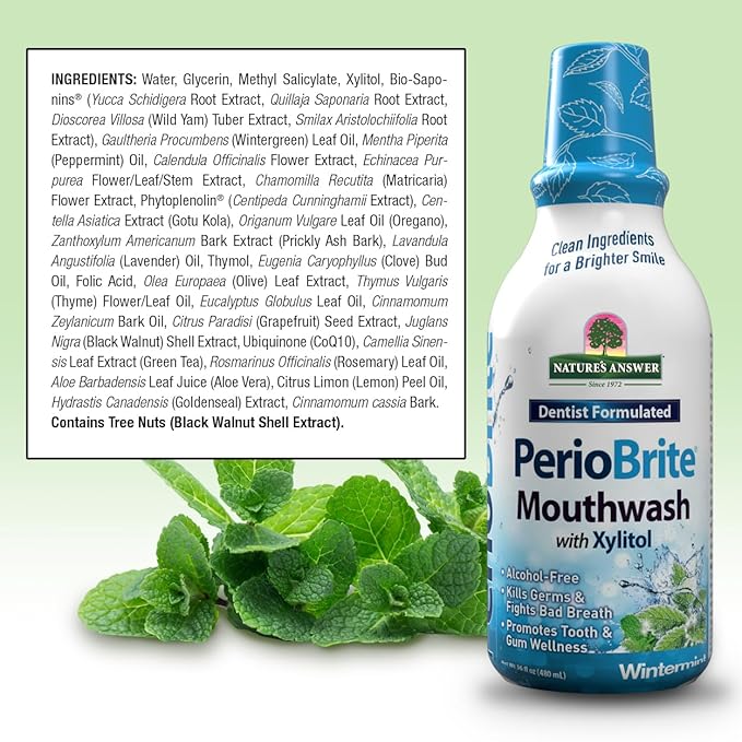 Nature's Answer Periobrite Winter Mint Mouthwash | Promotes Healthy Teeth & Gums| Fights Bad Breath | Fluoride-Free, Alcohol-Free, Gluten-Free & Vegan| No Artificial Preservatives 16oz