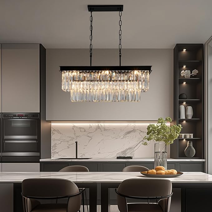 Black Crystal Chandeliers for Dining Room Light Fixtures Over Table,9-Lights Modern Rectangle Chandeliers for Kitchen Island Bar L28 Inch
