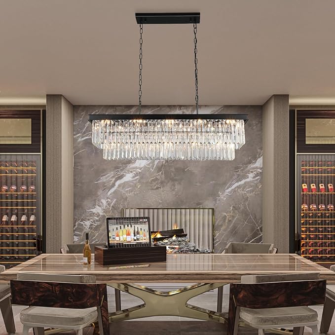 Crystal Chandeliers for Dining Room Light Fixtures Over Table,15-Lights Black Modern Rectangle Chandeliers for Kitchen Island Bar L40 Inch