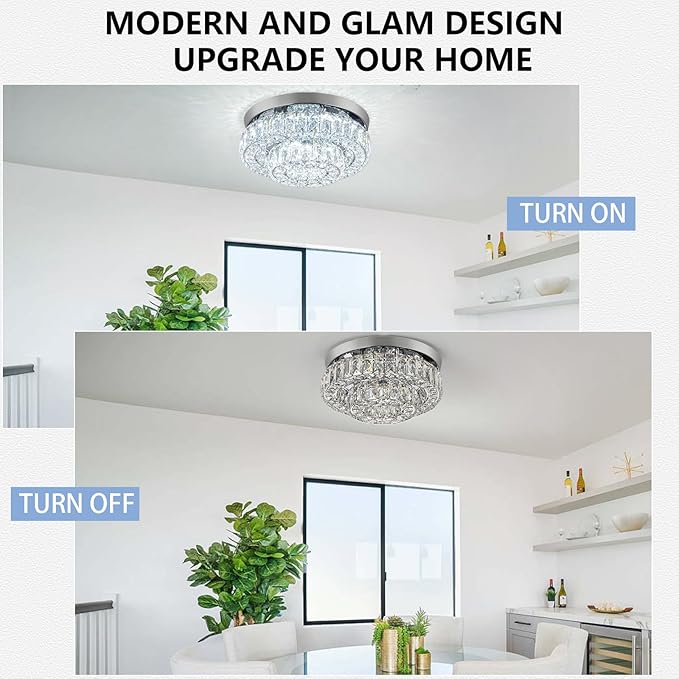 12 Inch Crystal Chandelier LED Ceiling Light 2 Tier Flush Mount Ceiling Light Fixtures Modern Chandelier Lighting for Hallway Bedroom Dining Room Kitchen (Cool White)