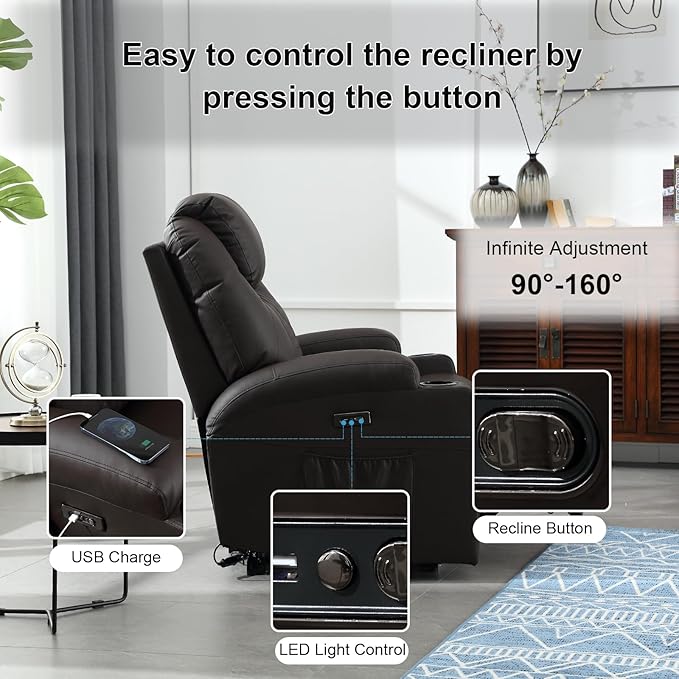 Power Recliner Chair with Heat and Massage, PU Leather Home Theater Seating with LED Lights/Cup Holders/Side Pocket/USB Port, Reclining Sofa Chair for Living Room(3, Brown)