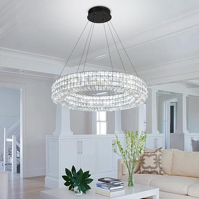 Dia 24" Modern Crystal Chandelier Black Ring Chandelier Adjustable Height Luxury Crystal Pendant Ceiling Light Fixture for Dining Living Room Bedroom