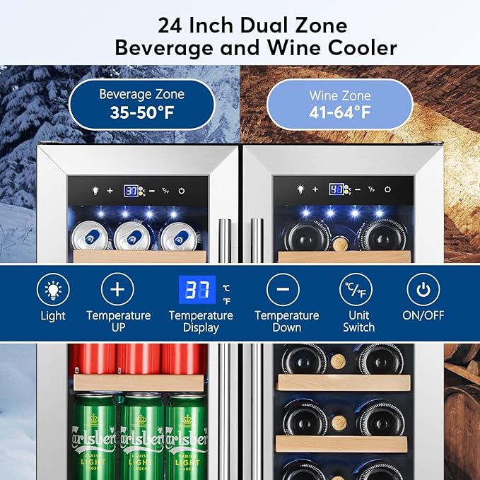 Tylza Upgraded Wine and Beverage Refrigerator 24 Inch, Dual Zone Wine Beverage Cooler with French Door, Under Counter Wine Beer Fridge Built-In or Freestanding, Holds 20 Bottles and 88 Cans, Low Noise