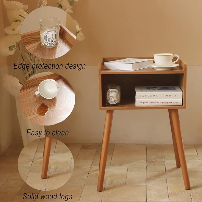 MaxSmeo Nightstand, Mid Century Modern Side Table Bedroom with Storage, Small End Bedside Table with Solid Wood Legs for Living Room, Office Small Spaces (Brown)