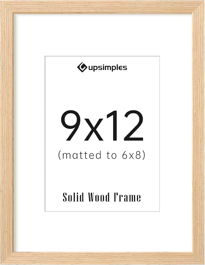 upsimples 9x12 Frame, Natural Solid Wooden Picture Frames, Display 6x8 with Mat or 9 x 12 Without Mat, Wall or Tabletop, 1 Pack, Natural