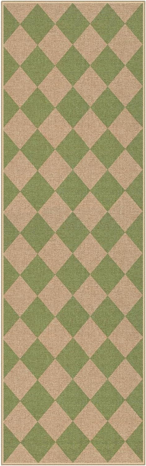Lahome Checkered Green Runner Rug, 2x8 Carpet Runners for Hallway 8ft Non Slip Entryway Rug, Farmhouse Checkerboard Non Shedding Kitchen Mats for Floor Laundry Corridor