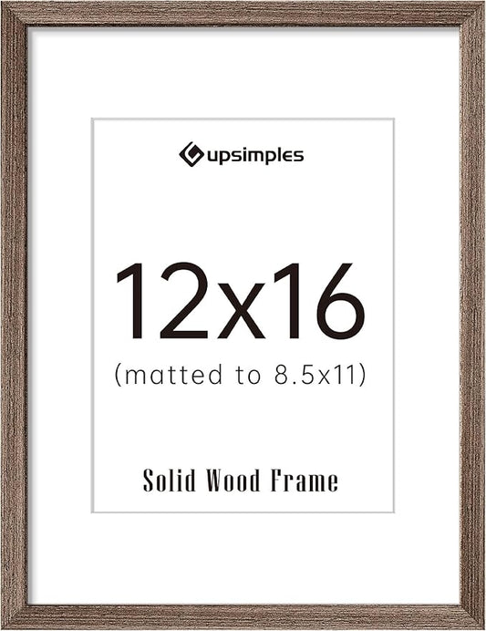 upsimples 12x16 Picture Frame, Natural Solid Wood Picture Frames, Display 8.5x11 with Mat or 12 x 16 Without, Vertical & Horizontal Wall Hanging, 1 Pack, Brown