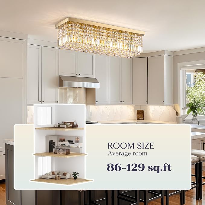 Modern Crystal Chandelier, 6 Lights Luxury Gold Rectangular Flush Mount Ceiling Light, Dining Room Light Fixture, Rectangle K9 Crystal Raindrop Chandelier for Living Room Bedroom L31.5 Inch