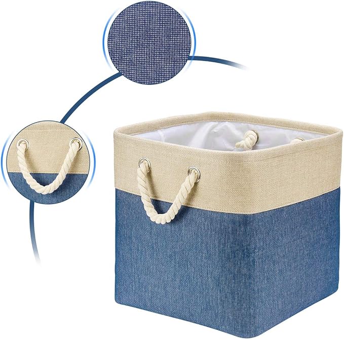 i BKGOO 3Pack Large Foldable Storage Bins,Collapsible Sturdy Cationic Fabric Organizing Storage Basket Cube with Cotton Handles for Home Office Shelf Clothes Toys Khaki-Blue 13×13×13 inch