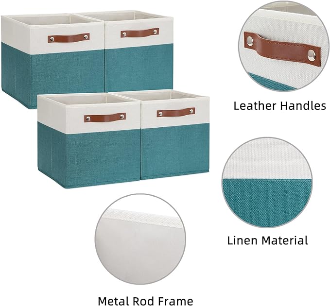 HNZIGE Fabric Storage Cube Bins Baskets for Organizing, 11 inch Cube Storage Bins, Set of 4, Collapsible Storage Bin with Handles, Closet Organizers and Storage Home Toy Nursery Bedroom(White Teal)